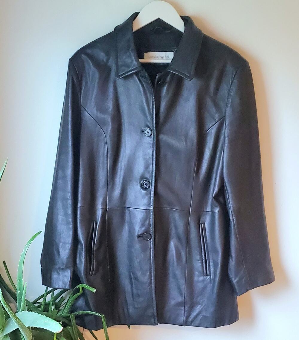 Liz Claiborne Black Leather Coat Womens Size XL Cosplay Goth Grunge